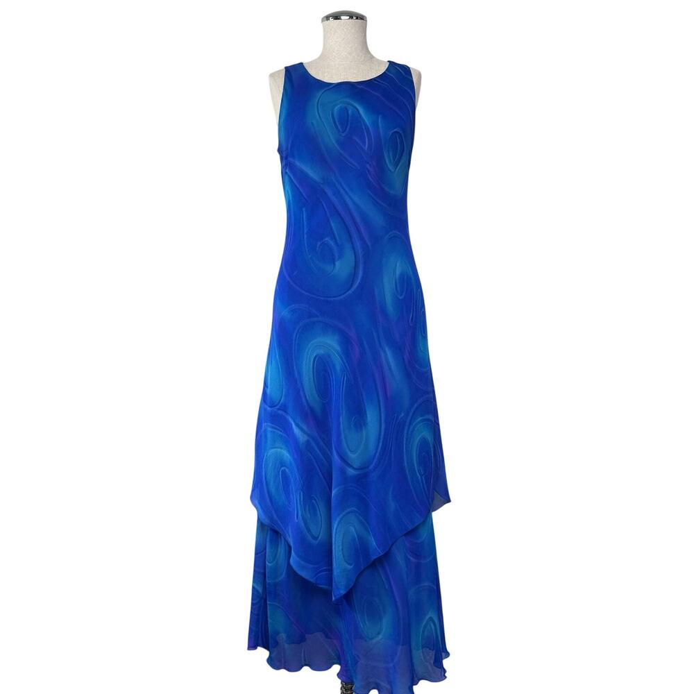 Simply Silk 100% Silk Blue Swirl Sheer Layers Midi Dress Y2K Fairycore Medium